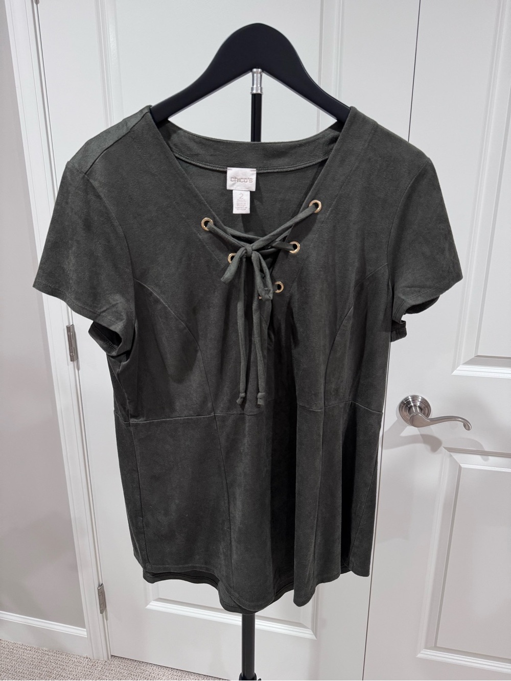 Chico's Lace-Up Short Sleeve Top - Dark Evergreen